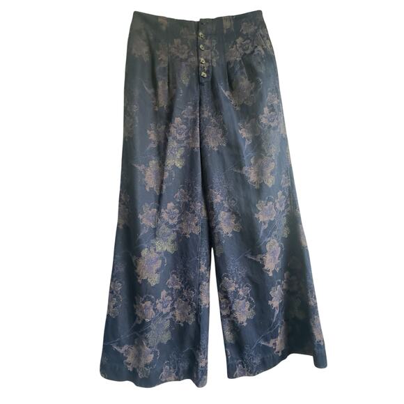 Pilcro Anthropologie Metallic Floral Brocade Wide Leg Pants Blue Gold Sz 30 - Picture 5 of 14